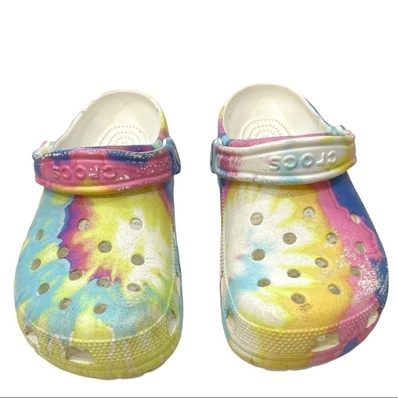 Crocs Unisex Clogs Shoes Yellow Blue Tie Dye Slip On Slingback Cut Out M5/W7 - Picture 2 of 7